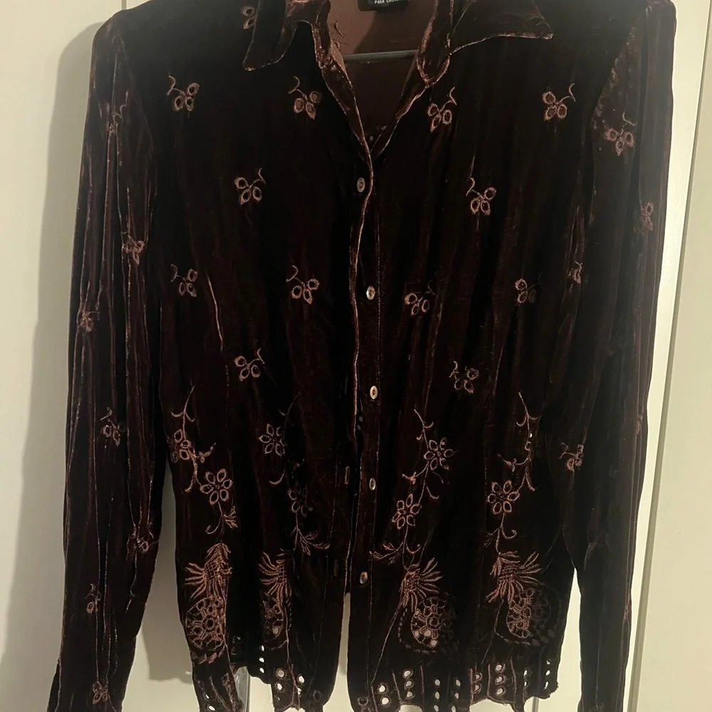ECI Rich Brown Velvet Shirt with Floral Embroidery - Picture 1 of 10